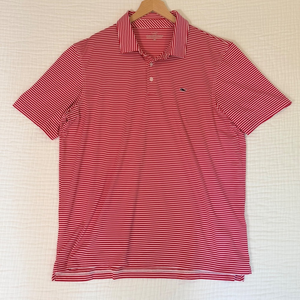Vineyard Vines Mens XL Red White Striped Performance Polo Shirt Preppy Coastal